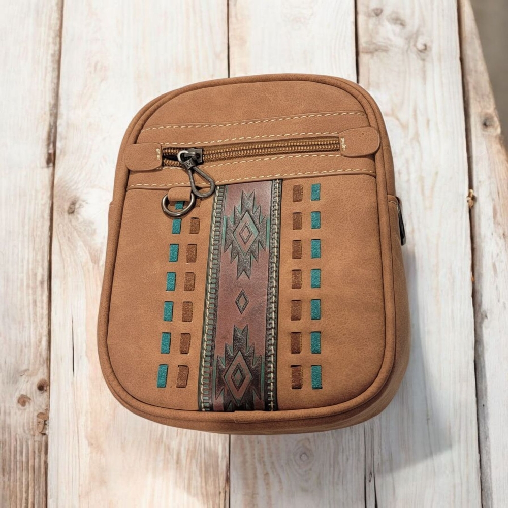 Tan and Teal Patterned Crossbody Bag